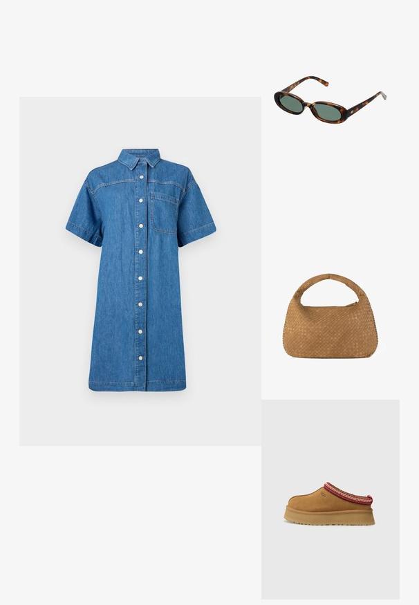 Rochie din denim de culoare albastră medie, cu mâneci scurte, închidere cu nasturi, un singur buzunar pe piept și o siluetă A-linie relaxată.; Pantof brown din suede, tip slip-on, cu bordură modelată în roșu și crem, talpă texturată și logo UGG pe lateral. Prezintă o ușoară înălțime a platformei.; Ochelari de soare cu ramă din scoică de broască țestoasă și lentile verzi. Au brațe subțiri cu un accent metalic aproape de balamale.; Geantă din piele moale, de culoare bej, țesută, cu un mâner rotund. Dispune de un sistem de închidere cu fermoar și un model complex de țesătură tip coș.