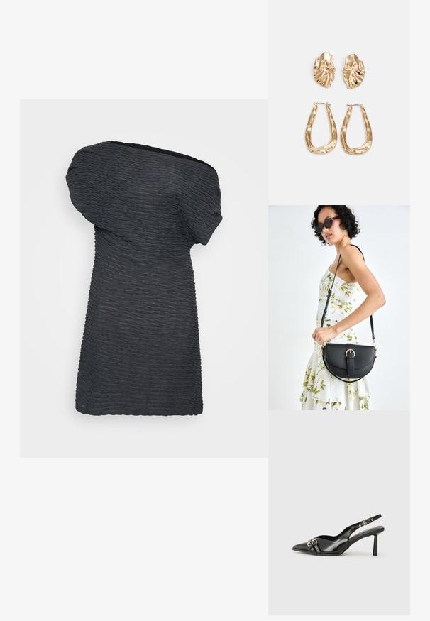 Asymmetrical black dress made of textured fabric, featuring a draped one-shoulder design and a straight hem with rippled details.; Black patent leather slingback shoe with pointed toe, ankle straps featuring silver buckles and hardware, and a slender heel.; Black leather handbag with a curved shape, detachable strap, and gold hardware. The bag features a flap with a buckle detail.; Gold-tone earrings featuring textured, wavy shapes. Includes sculptural clip-on studs and open hoop design with a hammered finish.