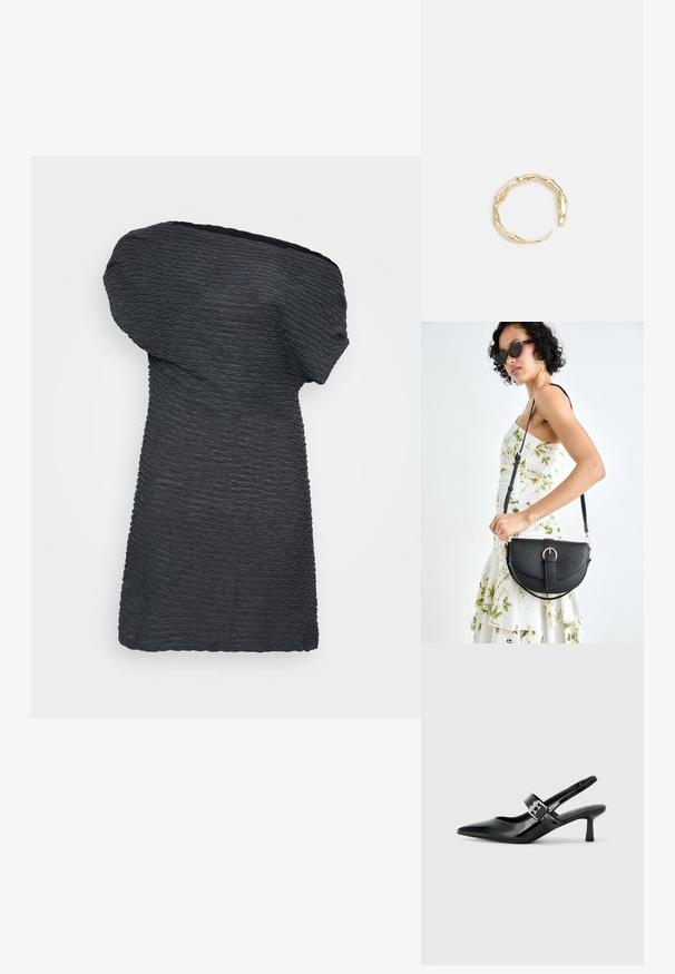 Asymmetrisches schwarzes Kleid aus strukturiertem Stoff, mit einem drapierten Ein-Schulter-Design und einem geraden Saum mit wellenförmigen Details.; Schwarze Lackleder Slingback-Absätze mit spitzem Zeh und kleinem Blockabsatz, ausgestattet mit einem silbernen Schnallenakzent am Riemen.; Schwarze Lederhandtasche mit geschwungener Form, abnehmbarem Tragegurt und goldenen Beschlägen. Die Tasche verfügt über einen Deckel mit einer Schnallen-Details.; Goldfarbener Ring mit einem organischen, gedrehten Design, glatter Oberfläche und sich verjüngenden Enden, was ein modernes, skulpturales Erscheinungsbild erzeugt.