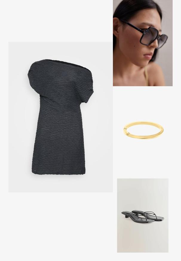 Epäyhtenäinen musta mekko, joka on valmistettu teksturoidusta kankaasta. Mekossa on laskostettu yhden olkaimen muotoilu ja suora helma, jossa on aaltoilevia yksityiskohtia.; Mustat tekonahkaiset avokkaat, joissa on krokotiilitekstuuri, neliönmuotoinen kärki ja matala korko. Ominaisuuksiin kuuluu ohuet hihnat, jotka yhdistävät pohjan.; Mustat ylisuuruiset aurinkolasit, joissa on paksu kehys, gradient-linssit ja metalliset korostukset templeissä. Lähikuva, joka korostaa kasvojen muotoja.; Hionkim, hiottu kultainen rannekoru, jossa on sileä, pyöreä muoto ja hienovarainen brändäys. Korussa on saumaton muotoilu ja minimalistinen estetiikka.