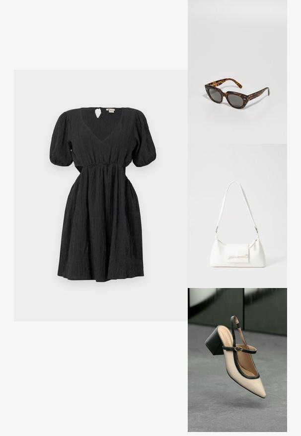 Vestido preto com mangas bufantes, decote em V e um tecido texturizado. Apresenta uma cintura e um detalhe de buraco na parte de trás. Comprimento curto.; Sandal de biqueira pontuda em bege com acabamento preto, fivela dourada e um salto bloco sólido, em um chão cinza com fundo verde escuro.; Óculos de sol em tartaruga com armações angulares e lentes cinzentas. Apresenta um acabamento brilhante e uma marcação subtil nas hastes.; Mala sintética branca com formato triangular, aba frontal plana e detalhe de laço, alça ajustável, textura suave e design minimalista.