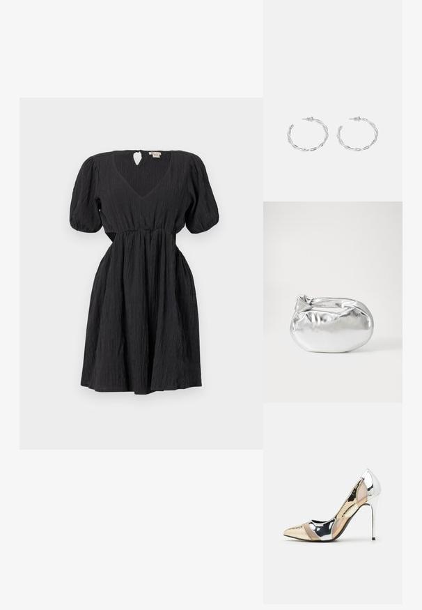 Black dress with puff sleeves, v-neckline, and a textured fabric. Features a waistband and a keyhole detail at the back. Short length.; Pointed-toe high heel shoe with a silver, gold, and nude color scheme. Glossy finish with cutout design, featuring a stiletto heel.; Silver metallic pouch bag with a soft, rounded shape and a knotted top closure. Made from smooth faux leather material.; Silver hoop earrings with a twisted design, featuring a polished finish and post-back closure. Measure approximately 3 cm in diameter.