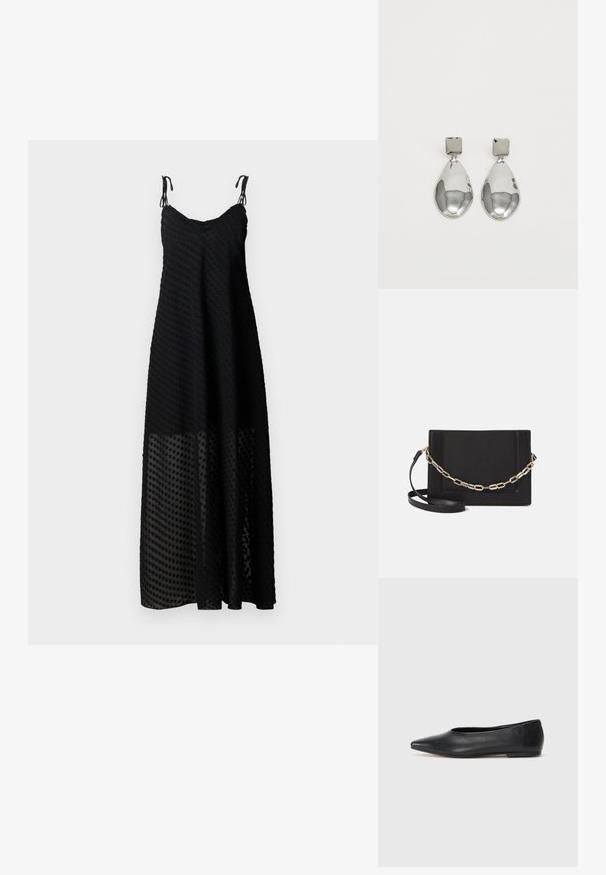 Sort maxi kjole med spaghetti-stropper, der har et tekstureret prikmønster og et gennemsigtigt nederste panel. Letvægtsstof, afslappet pasform.; Sort læder balletflade, spidse tæer, minimalistsk design, glat tekstur, lav hæl, ingen synlig hardware eller udsmykninger.; Sort læder crossbody taske med en glat tekstur, rektangulær form og en metallisk kæde detalje foran. Justerbar skulderrem inkluderet.; Sølv dråbeøreringe med en kvadratisk stud, der har en glat, poleret overflade og en dråbeform, som reflekterer lys med en blank overflade.