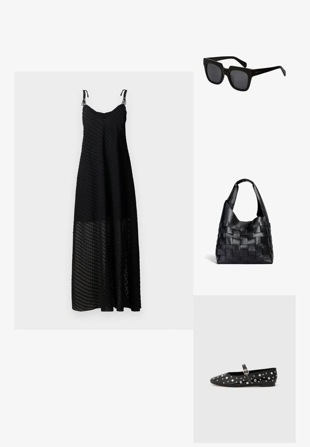 Vestido maxi negro con tirantes finos, que presenta un patrón de lunares texturizado y un panel inferior transparente. Tela ligera, ajuste holgado.; Zapatos de ballet de piel negra con punta afilada, adornados con tachuelas plateadas y una correa con hebilla lateral. Superficie texturizada con suela plana.; Gafas de sol rectangulares negras con montura de plástico grueso y lentes oscuros. Las varillas son elegantes con un acabado brillante y una marca mínima.; Bolso tote tejido de cuero negro con una forma relajada y una amplia correa para el hombro. Presenta un diseño texturizado entrelazado con un acabado suave.
