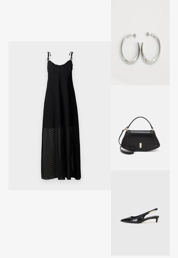 Svart maxikjole med spaghetti-stropper, med et teksturert prikkemønster og en gjennomsiktig nedre panel. Lett stoff, avslappet passform.; Sorte lærreim hæler med spiss tå, som har en slank hæl og en gullfarget detalj på den justerbare stroppen. Glatt tekstur.; Sort lærveske med en strukturert design, som har en avkortet form, topphåndtak og detaljer i gull. Justerbar skulderstropp inkludert.; Sølvøreringer med en jevn, buet design. Har en blank metallisk finish og en studlås. Ingen synlige mønstre eller aksenter.