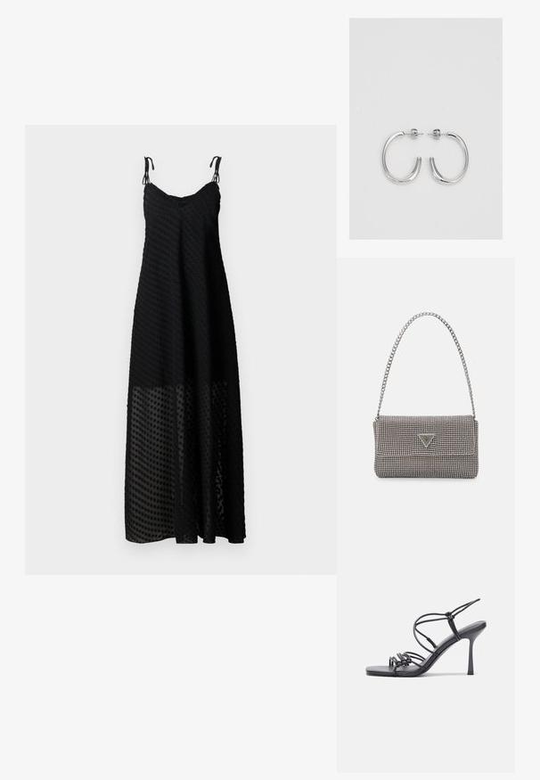 Rochie maxi neagră cu bretele subțiri, având un model texturat cu buline și un panou inferior transparent. Material ușor, croială lejeră.; Sandale negre cu toc înalt au curele subțiri cu un design legat, un vârf pătrat neted și un toc stiletto elegant.; Geantă metalică gri deschis, cu un strap din lanț, decorată cu mici ținte circulare metalice și un logo de marcă triangular.; Cercei rotunzi din argint cu un finisaj neted și strălucitor. Design ușor, având o formă rotundă și închidere cu tijă.