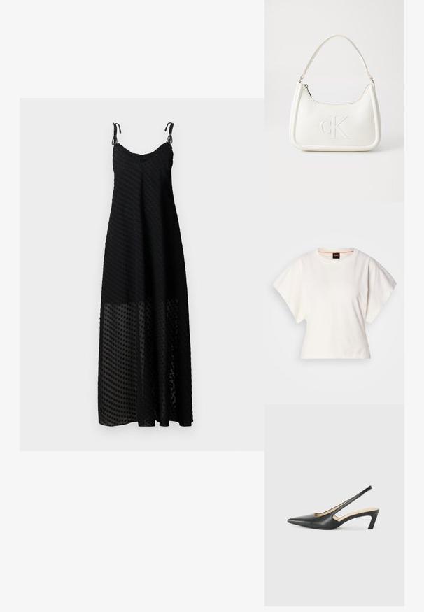Robe maxi noire à spatules, avec un motif de pois texturé et un panneau inférieur transparent. Tissu léger, coupe décontractée.; T-shirt blanc cintré, manches courtes et larges, en coton doux, décolleté rond avec une discrète bordure orange, design minimaliste, sans motifs ni graphiques.; Slingback noir à bout pointu avec un petit talon, en cuir lisse et doté d'un design découpé sur le côté pour plus de respirabilité.; Sac à main en cuir blanc avec une forme courbée, arborant un logo "CK" embossé à l'avant et une seule bandoulière. Fermeture à glissière en haut.