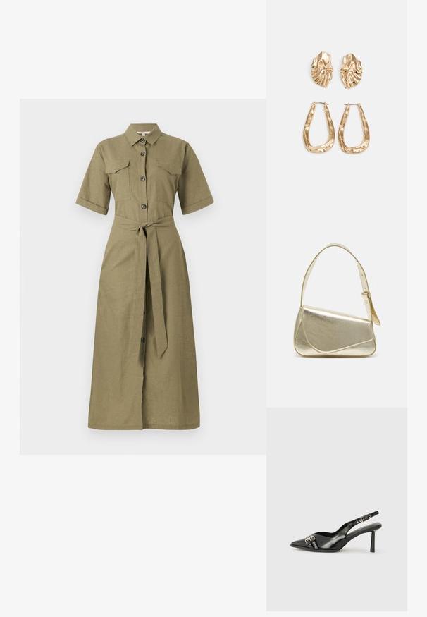 Vestido de linho verde-azeitona com mangas curtas, botão à frente, dois bolsos no peito e um cinto atado na cintura para ajuste. Textura suave.; Sapato slingback preto em pele patentada com bico apontado, tiras no tornozelo apresentando fivelas e acessórios prateados, e um salto elegante.; Bolsa de mão metálica dourada com um design estruturado, textura suave e alça ajustável. Apresenta uma forma triangular única e costura minimalista.; Brincos em tom de ouro com formas onduladas e texturizadas. Inclui studs escultóricos com presilha e um design de argola aberta com um acabamento martelado.