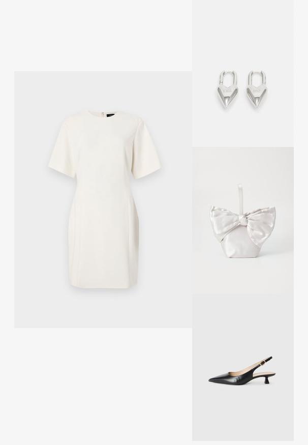 Biała sukienka z krótkim rękawem, okrągłym dekoltem, prostym krojem, kieszeniami po bokach oraz zamek błyskawiczny z tyłu. Gładki, lekki materiał.; Czarny skórzany but na obcasie typu kitten heel z odkrytym piętą, o spiczastym nosku i złotym zapięciu na boku, na białym tle.; Satynowa torebka w kolorze białym, z dużą kokardą z przodu. Torebka ma ustrukturalizowany kształt i krótką, gładką rączkę.; Srebrne kłódki w kształcie serca z wygrawerowanymi napisami "TAK" i "NIE", polerowane wykończenie, symetryczny design oraz mocny metalowy zamek.