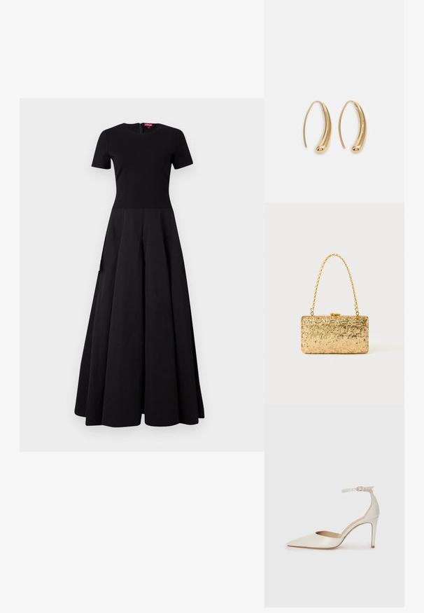 Juodas maxi suknelė su prigludusia liemene ir trumpomis rankovėmis, su šluota sijonu. Pagaminta iš glotnaus audinio su paslėptu užtrauktuku nugaroje.; Balti odiniai aukštakulniai batai su smailiu priekiniu galu, kulkšnies dirželiu ir siauru stiletu. Lygi tekstūra su subtiliu blizgiu paviršiumi.; Auksinė blizgučių rankinė, stačiakampio formos, su susuktos grandinėlės rankena ir metaliniu užsegimu, atspindinti šviesą su tekstūruotu paviršiumi.; Auksinės metalinės auskarų kabės su lenktą, pailgą forma. Turi lygų, blizgantį paviršių ir užapvalintą galiuką papildomam akcentui.