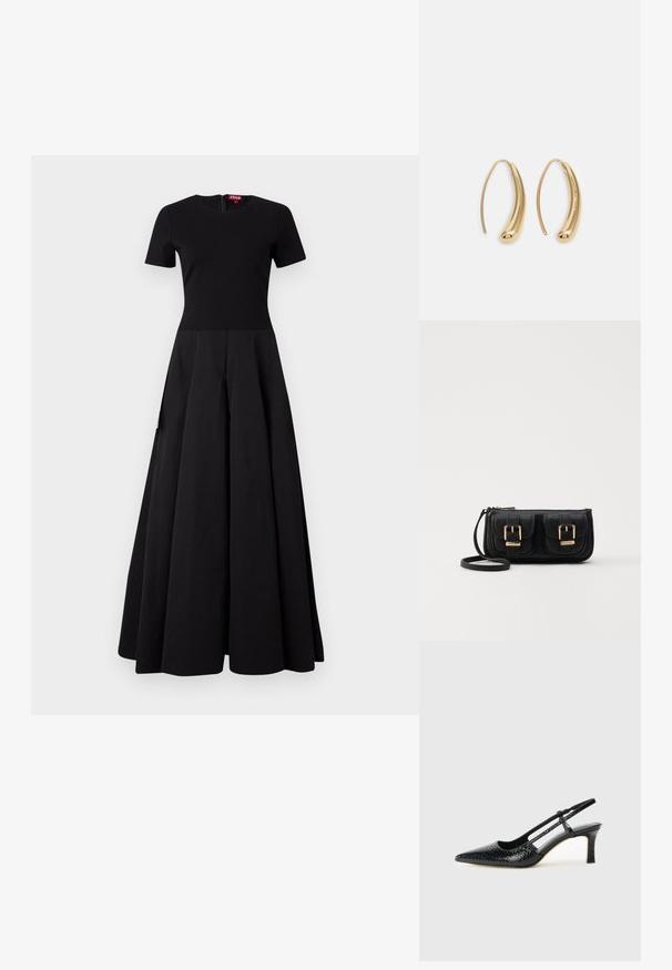 Sort maxikjole med tætsiddende overdel og korte ærmer, der har en flagrende nederdel. Lavet af glat stof med en skjult lynlås bagpå.; Sorte patent slingback hæl med spids tå, prydet med tekstureret slangeskindsmønster, justerbar rem og en kort, tekstureret blokhæl.; Sort læder crossbody taske med to frontlommer, guldspænder, lynlåslukning og en slank rem. Struktureret overflade og kompakt rektangulær form.; Guldfarvede metal hoops øreringe med en bøjet, forlænget form. Har en glat, skinnende overflade og en afrundet spids for ekstra detalje.