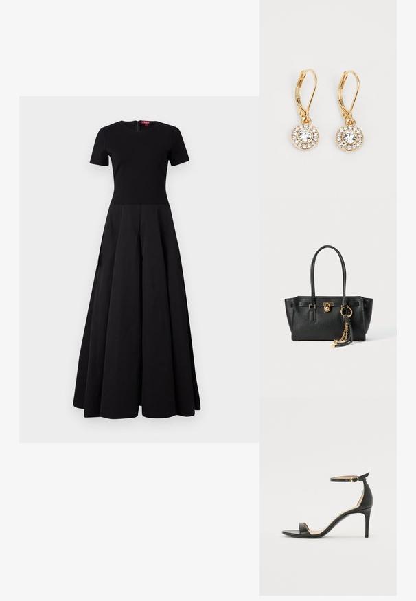 Črna maksi obleka s prilegajočim zgornjim delom in kratkimi rokavi, ki ima razširjen krilo. Narejena iz gladkega materiala z zakrito zadrgo na hrbtni strani.; Črne usnjene sandale s peto, ki imajo priponko za gleženj. Imajo gladko teksturo, odprt prst in tanek peto. Podrobnost z zlatim sponko.; Črna usnjena torbica z dvojno ročajema, zlatim ključavnico in detajlom verige, ter dodatkom črno-belih rese na belem ozadju.; Zlate uhane iz obroča s središnjim prozornim kristalom, obdanem z manjšimi prozornimi kamni, ki imajo zaklep z vzvodom za varno nošenje.
