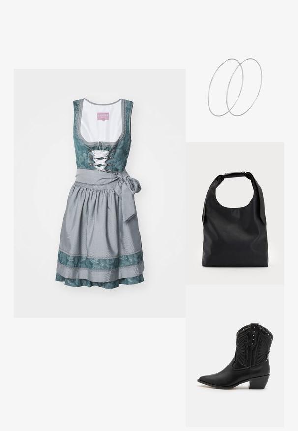 Krüger Dirndl Dirndl - light blue; Schwarze Leder-Cowboystiefel mit spitzen Zehen, dekorativer Stickerei und metallischen Nieten entlang der oberen Kante. Gestapelte Ferse und strukturierte Oberfläche.; Schwarze Leder-Hobo-Tasche mit einem einzelnen, weichen, abgerundeten Griff; verfügt über eine glatte Textur und ein minimalistisches Design. Keine sichtbaren Beschläge oder Akzente.; Silberne Creolen mit minimalistischem Design. Rundform, glatte Oberfläche und dünnes Profil. Leichtgewichtig mit hochglänzender Oberfläche.