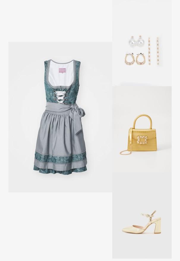 Krüger Dirndl - Dirndl; Złote metaliczne buty na obcasie z wąskim noskiem, paskiem wokół kostki z okrągłym zapięciem oraz masywnym obcasem. Gładka tekstura.; Żółta torebka z faux-krokodylka o wyrafinowanej konstrukcji, z górnym uchwytem, odpinanym łańcuszkiem oraz dekoracyjnym kryształowym zdobieniem na zapięciu.; Trzy pary kolczyków: duże białe perły wkrętki, złote kolczyki w kształcie kół z przezroczystymi kamieniami, oraz dwa długie, proste złote kolczyki akcentujące z błyszczącymi detalami.