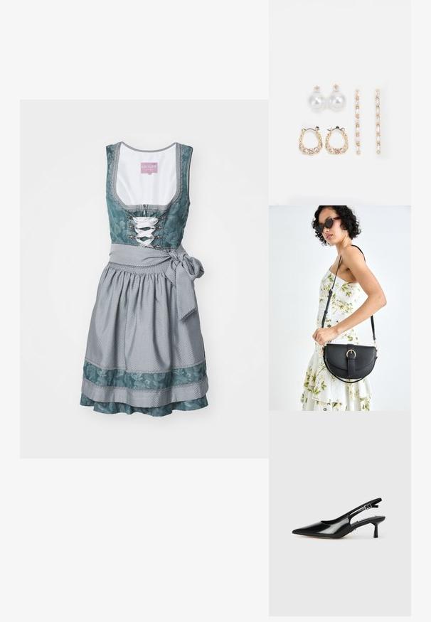 Krüger Dirndl Dirndl - light blue; Decolleté in vernice nera con punta affusolata, tacco sottile e cinturino regolabile. Texture liscia con dettagli minimi.; Borsa a tracolla nera in pelle con una forma curva, manico rimovibile e accessori dorati. La borsa presenta una patta con un dettaglio a fibbia.; Tre paia di orecchini: grandi orecchini a perla bianca a bottone, orecchini a cerchio in oro con gemme trasparenti, e due orecchini d'accento d'oro lunghi e dritti con dettagli scintillanti.