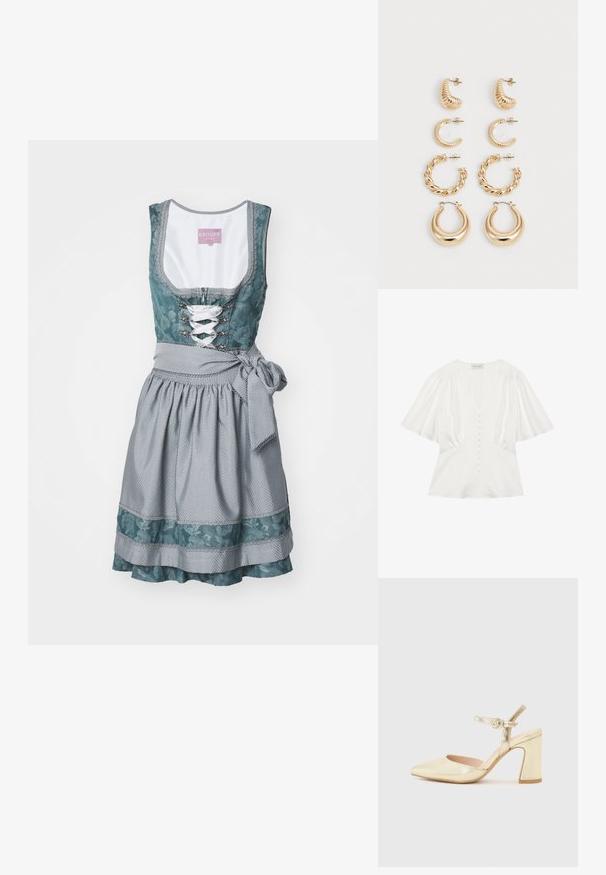 Krüger Dirndl - Dirndl; Biała krótka bluzka z rękawami i głębokim dekoltem w kształcie litery V, z zapięciem na guziki z przodu oraz marszczonymi detalami na ramionach, zapewniająca dopasowany krój.; Złote metaliczne buty na obcasie z wąskim noskiem, paskiem wokół kostki z okrągłym zapięciem oraz masywnym obcasem. Gładka tekstura.; Zestaw pięciu złotych kolczyków, z różnorodnymi wzorami: skręcone, żłobkowane i gładkie powierzchnie w kształcie obręczy i półksiężyców.