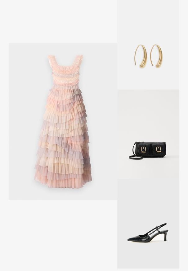 Kihiline maksikleit, millel on pehmed roosa, kreemi ja lilla tülli volangid, tekstureeritud kangas ja ümmargune kaelus.; Mustmust paelad, millel on terav varvas, tekstuuriga maduprindiga, reguleeritav rihm ja lühike tekstuuriga plokknina.; Must küllastamata nahast õlakott, millel on kaks esist nähtavat taskut, kuldsed pandlad, tõmblukuga sulgemine ja peen rihm. Tekstuuriga pind ja kompaktne ristkülikukujuline kuju.; Kuldtoonilised metallist rõngas kõrvarõngad, millel on kõver ja piklik kuju. Omavad siledat, läikivat pinda ja ümarat tipptugevdust, mis lisab detaili.