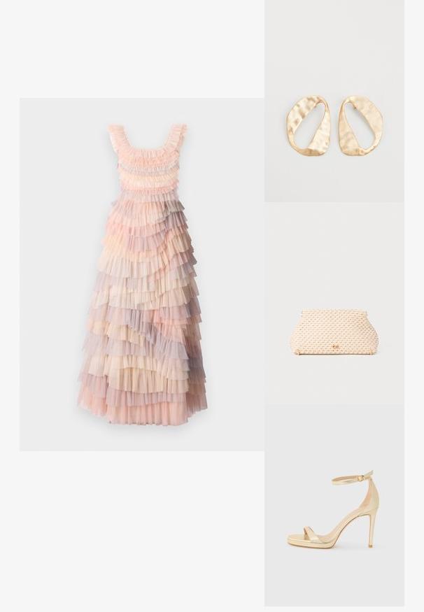 Sluoksniuotas maksi suknelė su švelnių rožinių, grietinėlės ir lilac tinklelio raukšlėmis, tekstūruota medžiaga ir apvaliu iškirpimu.; Auksinės metalinės aukštakulnės basutės su atvira nosimi, kulkšniai skirtu diržu su sagtimi ir platforma, suteikiančia papildomo aukščio. Lygi tekstūra.; Audinės smėlio spalvos pagalvėlė su apvalia forma, auksinės spalvos metalinių detalių akcentais ir tekstūruotu raštu. Uždarymo mechanizmas viršuje.; Nedidelis nereguliarus ovalo formos aukso tono metalinių auskarų pora su tekstūruota, šiek tiek kalta paviršiumi ant balto fono.