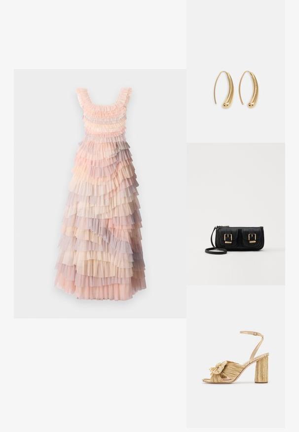 Slojevita maxi haljina s mekim nijansama ružičaste, krem i ljubičaste tila volančiće, teksturiranim materijalom i izrezom oko vrata.; Zlatne sandale s potpeticom, s čvorastim prednjim dijelom, nabranom teksturom i remenom oko gležnja. Blok-potpeta ima rebrasti dizajn koji poboljšava prianjanje.; Crna kožna torba preko ramena s dva prednja džepa, zlatnim kopčama, zatvaranjem na zip i uskim remenom. Teksturirana površina i kompaktan pravokutan oblik.; Zlatne metalne naušnice u obliku obruča s zakrivljenim, izduženim oblikom. Imaju glatku, sjajnu površinu i zaobljeni vrh za dodatni detalj.