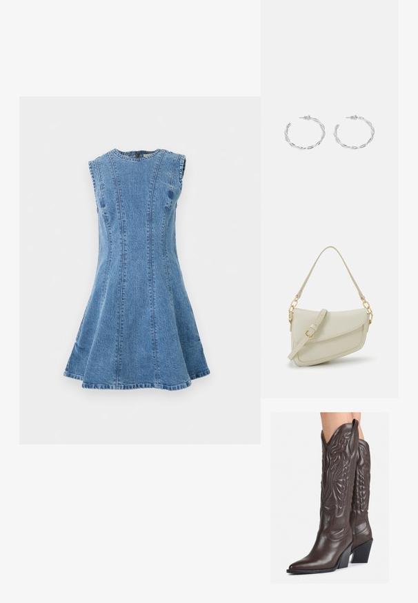 Denim obleka v svetlo modri barvi, brez rokavov, razširjenega kroja, z navpičnimi šivi in okroglim ovratnikom. Brez vidnih kovinskih delov ali vzorcev.; Rjave usnjene kavbojske čevlje z ostrim nosom in blok peto, ki vsebujejo podrobno šivanje in dvignjene dodatke na zgornjem delu.; Mala kremna torbica z teksturiranim zaključkom, dolgim nastavljivim trakom, verižnim poudarkom in zapiranjem na poklop. Detajli iz zlatega kovinskega materiala.; Srebrni uhani v obliki obročka s spiralnim dizajnom, ki imajo sijajno površino in zapiralo na zadnji strani. Mere znašajo približno 3 cm v premeru.