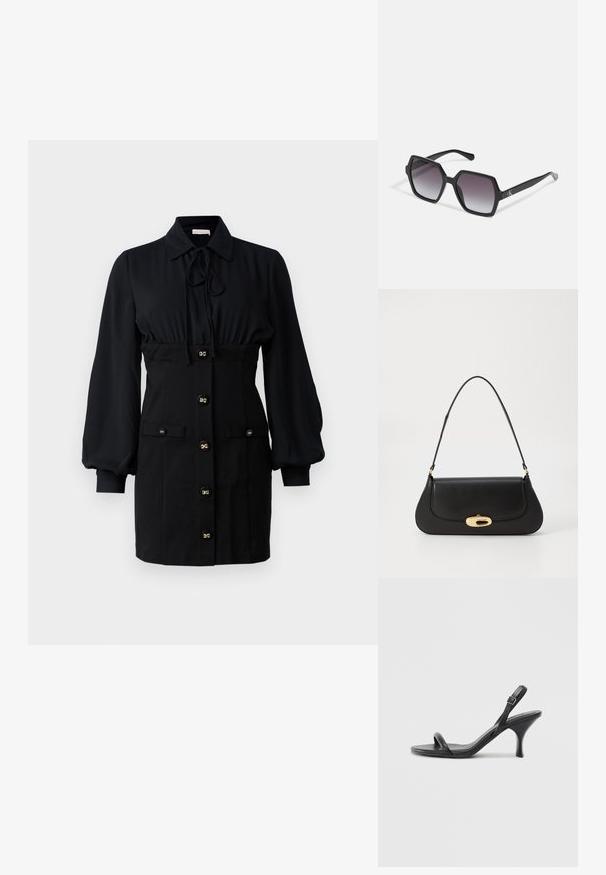 Abito nero con colletto, maniche a sbuffo e vita cintrata. Chiusura frontale con bottoni dorati, due tasche anteriori e una texture di tessuto liscia.; Sandali con tacco alto in pelle nera, con tacco sottile e curvo e design a fascia incrociata. Cinghia alla caviglia regolabile. Texture liscia.; Occhiali da sole esagonali neri con lenti sfumate, caratterizzati da una finitura lucida e da un marchio discretamente visibile sulla tempia. Costruzione in plastica resistente.; Borsa a tracolla in pelle nera con design curvo, hardware color oro e manico superiore. Caratterizzata da una chiusura elegante e una superficie liscia.