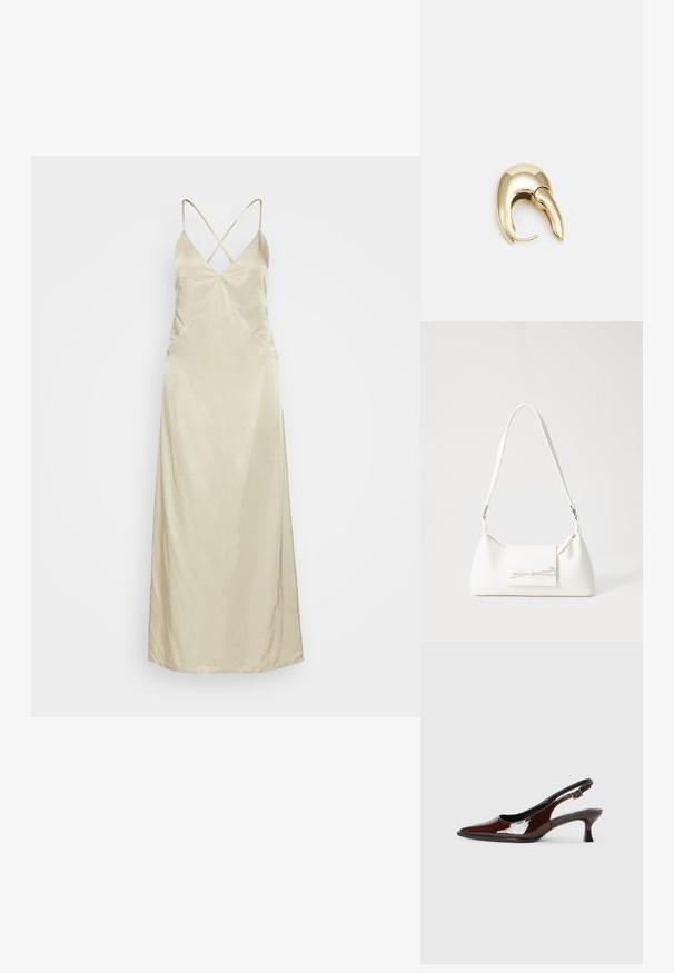 Szatén, bézs színű, vékony keresztpántos ujjatlan ruha, V-alakú nyakkivágással, oldalsó hasítékokkal és folyékony sziluettel, amely a bokáig ér.; Barna lakkbőr slingback cipő hegyes orral és mérsékelt sarkal. Biztonságos illeszkedést biztosító csattal rendelkezik. Sima textúra.; Fehér szintetikus kézitáska, háromszög alakú, lapos előlap, masni részlettel, állítható pánttal, sima textúrával és minimalista dizájnnal.; Aranyszínű fém fülbevaló, elegáns, ívelt formával. Különleges hegyes alak, fényes felszín és zsanéros záródás jellemzi.