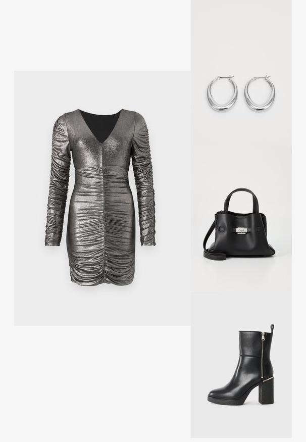 Metallisk grå kjole med lange rynkede ermer, V-hals og innsamlet detaljering i midjen. Slemmende tekstur, kroppsnær passform og knelange.; Sorte ankelstøvler laget av glatt skinn, med glidelås på siden og en teksturert blokkhelt. Slip-on design med rund tå.; Svart skinnveske med teksturert overflate, som har to håndtak på toppen, en avtagbar skulderrem og detaljer med sølvspenne.; Et par polerte sølv halvmåne hoop øredobber med hengselspenner på hvit bakgrunn.