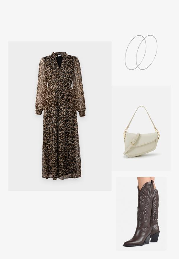 Dolga, prosojna obleka v črni in bež barvi s cvetličnim vzorcem, z globokim V-izrezom, dolgimi rokavi, elastiko na zapestjih in zavezanim pasom.; Rjave usnjene kavbojske čevlje z ostrim nosom in blok peto, ki vsebujejo podrobno šivanje in dvignjene dodatke na zgornjem delu.; Mala kremna torbica z teksturiranim zaključkom, dolgim nastavljivim trakom, verižnim poudarkom in zapiranjem na poklop. Detajli iz zlatega kovinskega materiala.; Srebrne uhane v obliki obroča z minimalističnim dizajnom. Krožna oblika, gladka tekstura in tanek profil. Lahki s poliranim zaključkom.