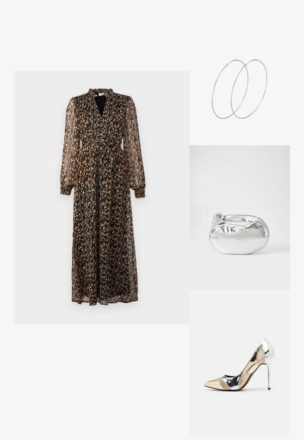 Dlouhé, průhledné šaty v černé a béžové barvě s květinovým vzorem, s hlubokým výstřihem do V, dlouhými rukávy, elastickými manžetami a zavazovací šňůrkou v pase.; Lodička s špičatou špičkou a kombinací stříbrné, zlaté a tělové barvy. Lesklý povrch s vykrojeným designem, s jehlovým podpatkem.; Stříbrná kovová taška s měkkým, zaobleným tvarem a uzávěrem s uzlem. Vyrobena z hladké umělé kůže.; Stříbrné kruhové náušnice s minimalistickým designem. Kruh, hladký povrch a tenký profil. Lehká konstrukce s lesklým povrchem.