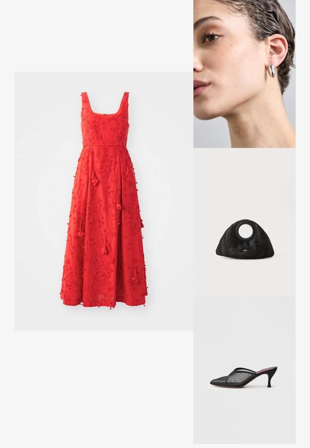 Robe sans manches rouge avec un décolleté carré, ornée de broderies florales, d'accents de franges et d'une longueur maxi fluide.; Mule en mesh noir avec un bout pointu, de fines lanières et un talon stiletto de 3 pouces. Présente une texture transparente et une semelle tonale solide.; Sac tissé noir de forme croissant unique, avec une poignée ronde et un discret logo sur le devant. Surface texturée sur l'ensemble.; Boucle d'oreille en métal argenté avec une surface lisse et réfléchissante, en forme ovale et d'une épaisseur subtile, présentée en gros plan.