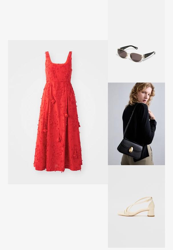 Rotes ärmelloses Kleid mit quadratischem Ausschnitt, verziert mit floralen Stickereien, Quastenakzenten und in einer fließenden Maxilänge.; Beige Sandalen mit Absatz, Blockabsatz, Riemchen-Design und verstellbarem Knöchelriemen, aus glattem synthetischem Material mit matter Oberfläche.; Schwarz-goldene Sonnenbrille mit schmalem, ovalem Rahmen, dunklen Gläsern und dekorativer Hardware an den Bügeln. Leichtes und elegantes Design.; Schwarze Lederhandtasche mit geschwungener Form, ausgestattet mit einem auffälligen goldenen ovalen Verschluss, einem verstellbaren Trageriemen und minimalistischem Design.