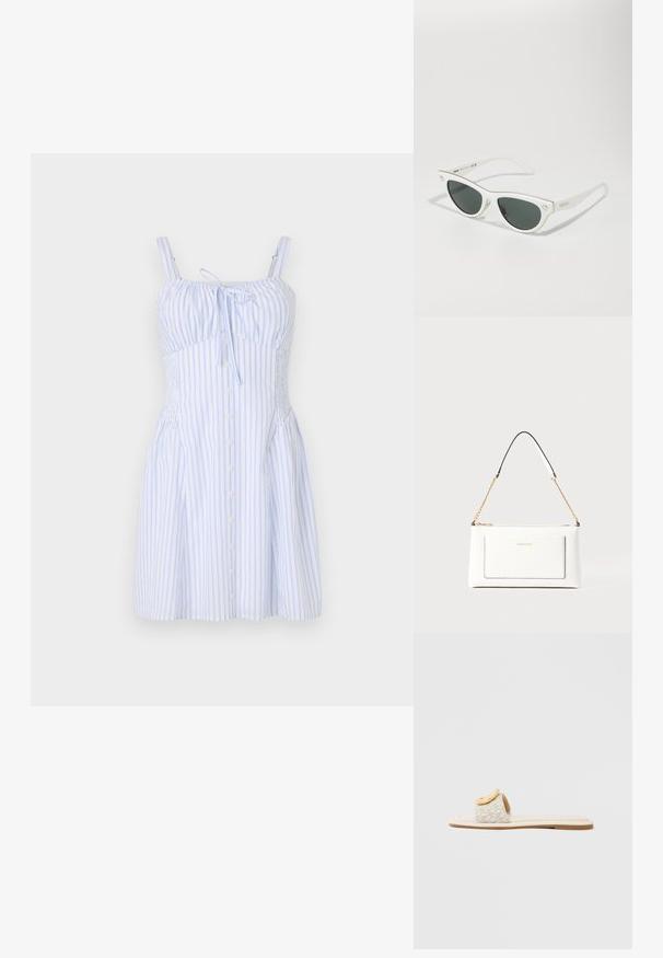 Svītrainas kleita gaiši zilonī un baltā krāsā, ar plānām siksnām, kakla saitīti un pogām pa priekšu. Rakstaina auduma ar pieguļošu augšdaļu.; Slaidu sandalēm ar bēša krāsas siksniņu ar ģeometrisku rakstu, apaļu dzeltenu akcentu augšējā daļā un platu, gaišu zoli.; Baltas kaķa acs stila saulesbrilles ar tumšiem stikliem, zelta akcenti uz rāmja un logotipa detaļas malā. Gluda plastmasas materiāls.; Baltā ādas rokassomu ar teksturētu apdari, ar zelta ķēdes siksnu un melniem akcentiem. Iekļauj priekšējo kabatu un aizdari ar rāvējslēdzēju.