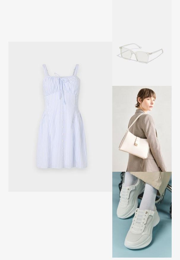 Randig klänning i ljusblått och vitt, med tunna axelband, ett knyt i halsringningen och knappar ner längs framsidan. Texturerat tyg med en figurnära överdel.; Vita sneakers med nätmaterial, gummisula, snörningsfri design med elastiska band och guldfärgade detaljer.; Klart plastfyrkantiga glasögon med genomskinliga linser, med guldfärgade detaljer på bågarna för extra stil.; Vit läderhandväska med en strukturerad design, med en magnetknäppning och en axelrem, visad mot en neutral bakgrund.