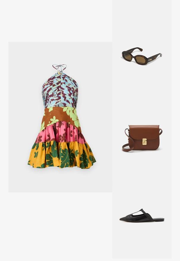 Višenamjenska haljina s dizajnom s halter izrezom koja sadrži plave, smeđe, ružičaste, zelene i žute cvjetne uzorke, te volanasti rub.; Crne kožne cipele s remenom oko pete i šiljastim vrhom, s pletenim naglaskom i nabranim gornjim dijelom. Ravni đon s minimalnim hardverom.; Smeđi naočale u stilu kornjače s ovalnim okvirom, smešnim lećama i oznakom "Chloé" na dršci. Glatki plastični materijal s sjajnom završnom obradom.; Smeđa kožna torba s preklopom, zlatnim detaljima, remenom za nošenje preko ramena i glatkom teksturom. Kompaktni pravokutni oblik.