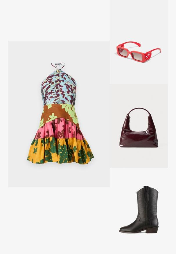 Wielokolorowa sukienka z dekoltem na halter, ozdobiona niebieskimi, brązowymi, różowymi, zielonymi i żółtymi wzorami kwiatowymi oraz falbaną na dole.; Czarne, sztuczne skórzane kowbojki z teksturą krokodylej skóry, ze spiczastym czubkiem, wysoką cholewką i małym, warstwowym obcasem. Udekorowane dekoracyjnym szwem.; Czerwone plastikowe okulary przeciwsłoneczne z kwadratowymi oprawkami, gradientowymi soczewkami i okrągłymi akcentami z logo na zausznikach. Gładka tekstura o błyszczącej powierzchni.; Bordowa skórzana torebka o błyszczącym wykończeniu, z okrągłym uchwytem i zamkiem błyskawicznym na górze; charakteryzuje się eleganckim, minimalistycznym designem.