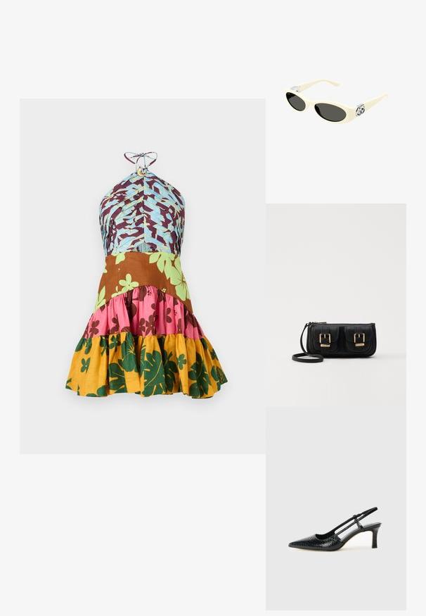 Pestrobarevné šaty s designem na krk s modrými, hnědými, růžovými, zelenými a žlutými květinovými vzory a řaseným lemem.; Černé lakované slingback podpatky s špičatou špičkou, zdobené texturovaným hadím vzorem, nastavovacím páskem a krátkým texturovaným blokovým podpatkem.; Námořnické sluneční brýle krémové barvy s oválnými skly, černým zabarvením a kovovými logovými akcenty na spáncích. Hladký povrch, design ve stylu kočičích očí.; Černá kožená crossbody taška se dvěma předními kapsami, zlatými přezkami, zipovým uzávěrem a štíhlým popruhem. Texturovaný povrch a kompaktní obdélníkový tvar.