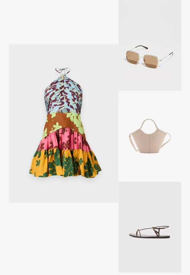 Rochie multicolor cu design cu guler halter, având motive florale albastre, maro, roz, verzi și galbene, și un tiv fâlfâitor.; Sandale din piele maro cu bretele subțiri, un accent circular auriu și o talpă plată. Design minimalist cu un detaliu de cataramă ajustabil.; Ochelari de soare din metal auriu, cu o formă pătrată, lentile de culoare maro, și accente subtile de verde și roșu pe ramă. Brațele subțiri și elegante.; Geantă de mână bej din piele cu o formă unică, dotată cu două mânere scurte și o curea lungă ajustabilă. Textură netedă, cu hardware minim.