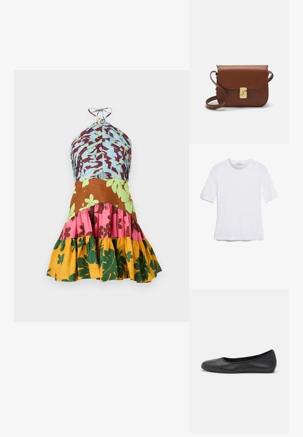 Dvojfarebné šaty s dizajnom na krku s modrými, hnedými, ružovými, zelenými a žltými kvetinovými motívmi a volánovým lemom.; Biela krátka tričko s krátkymi rukávmi vyrobené z rebrovanej látky. Klasický okrúhly výstrih, bežný strih a jemné švy. Bez vzorov alebo grafiky.; Čierne kožené baleríny s okrúhlou špičkou, hladkým povrchom, minimálnym prešívaním a flexibilným dizajnom podrážky.; Hnedá kožená kabelka s klopou, zlatými kovovými prvkami, ramenným popruhom a hladkým povrchom. Kompaktný obdĺžnikový tvar.
