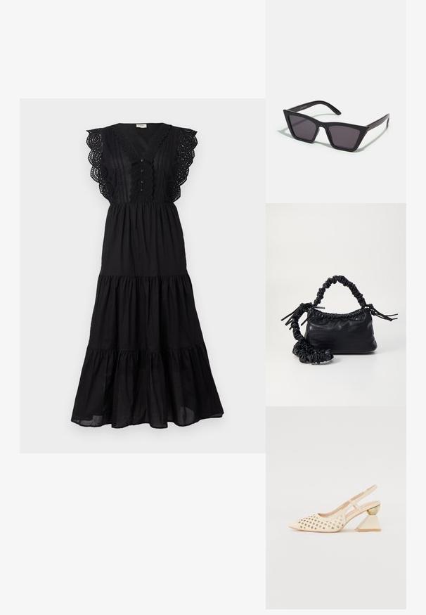 Vestido de algodão preto com um design em camadas, detalhes em bordado escalope nas mangas, frente com botões e um corte relaxado.; Sapato slingback bege com parte superior perfurada, bico apontado e um salto triangular contrastante com um detalhe em dourado. Textura suave no geral.; Óculos de sol pretos, angulares, com lentes cinzas; feitos de plástico, apresentando hastes grossas com uma superfície lisa e sem hardware visível.; Bolsa de mão em couro sintético preto com textura de crocodilo, topo franzido e alça enrugada. Apresenta um design suave e compacto.