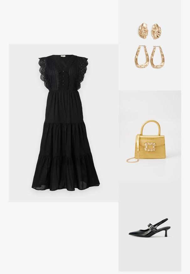 Vestido de algodão preto com um design em camadas, detalhes em bordado escalope nas mangas, frente com botões e um corte relaxado.; Saltos slingback em verniz preto com bico pontiagudo e um pequeno salto bloco, apresentando um detalhe de fivela prateada na tira.; Bolsa amarela em pele de crocodilo falsa, com um design estruturado, pega no topo, alça de corrente removível e decoração de cristal no fecho.; Brincos em tom de ouro com formas onduladas e texturizadas. Inclui studs escultóricos com presilha e um design de argola aberta com um acabamento martelado.