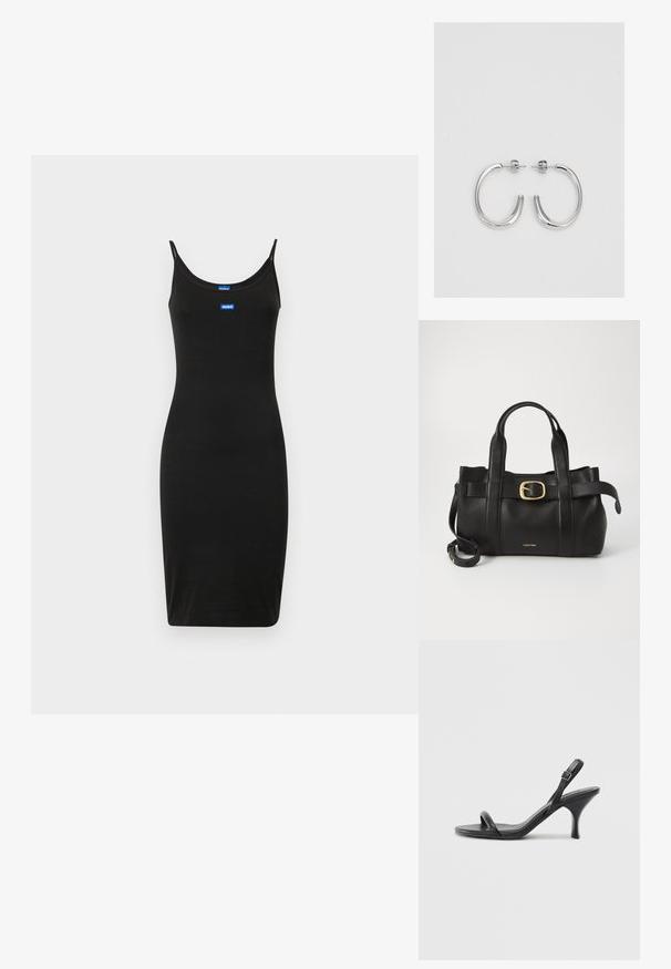 Svart figurnära klänning med spaghettiband, tillverkad av elastiskt material. Har blåa varumärkeslogotyper på framsidan. Slät textur.; Svarta läder högklackade sandaler med en smal, böjd klack och ett korsat remdesign. Justerbar ankelrem. Slät textur.; Svart läderhandväska med en strukturerad design, dubbla topphandtag, detaljer i guldton med spänne och präglad logotyp framtill.; Silver hoopsörhängen med en slät, glänsande yta, med en böjd form och post-stängning. Minimalistisk design med en modern finish.