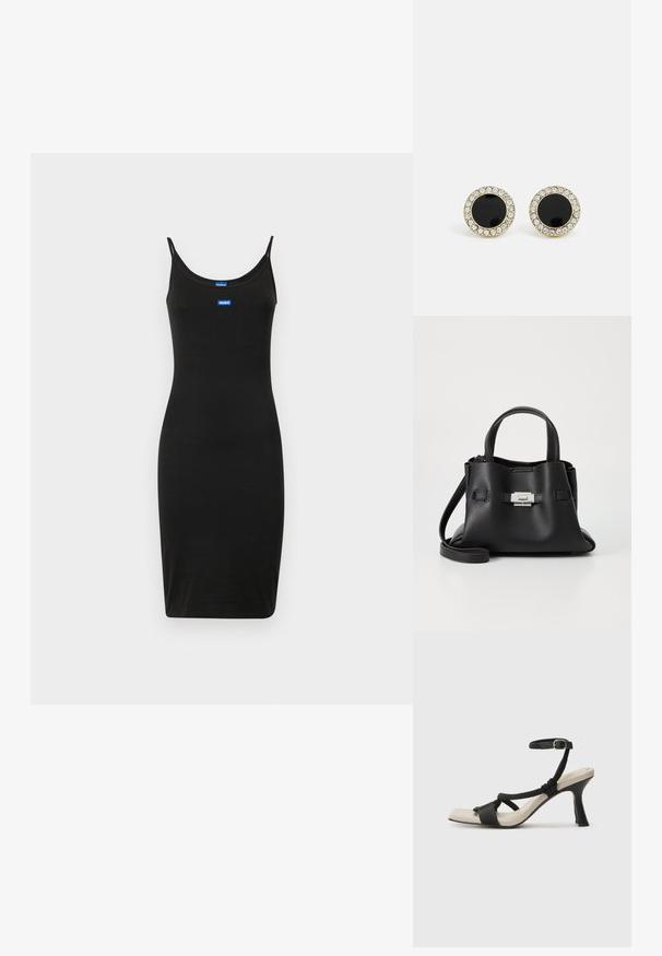 Fekete, testhezálló ruha, spagetti pántokkal, rugalmas anyagból készült. Az elején kék márkás logók találhatóak. Sima textúra.; Fekete sarkú szandál fonott pánttal, négyzet alakú orral és állítható bokapánttal. Világos bézs talpbetét fényes fekete sarkával.; Fekete bőr kézitáska struktúrált felülettel, két felső fogantyúval, levehető vállpánttal és ezüst színű csattal.; DKNY INLAY STUD - Fülbevalók - black/gold-coloured