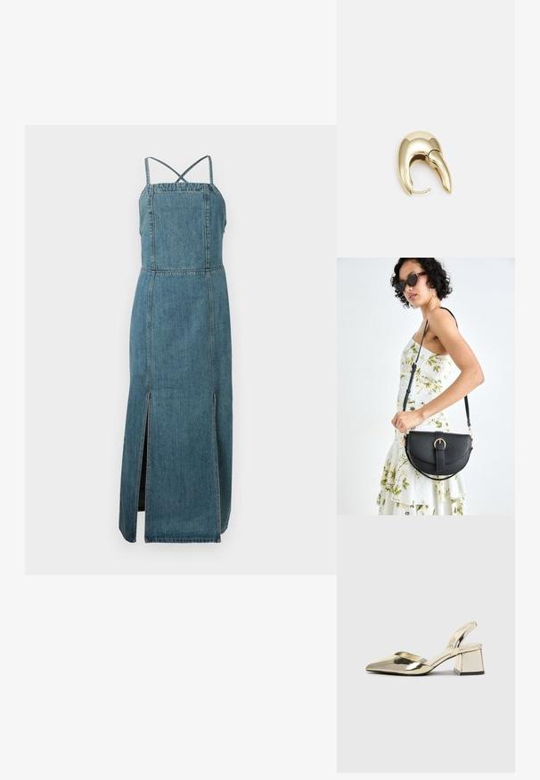 Vestido de ganga com corpete ajustado, alças cruzadas ajustáveis nas costas e uma fenda lateral. Apresenta um tom de azul médio e uma silhueta reta.; Sapatos de salto alto metálicos dourados, com biqueira em ponta e salto grosso. Textura suave, design minimalista e uma tira estreita.; Bolsa de couro preta com forma curva, alça destacável e detalhes em dourado. A bolsa possui uma aba com detalhe de fivela.; Brinco em metal dourado com um design elegante e curvo. Apresenta uma forma pontiaguda distinta, superfície polida e fecho por dobradiça.