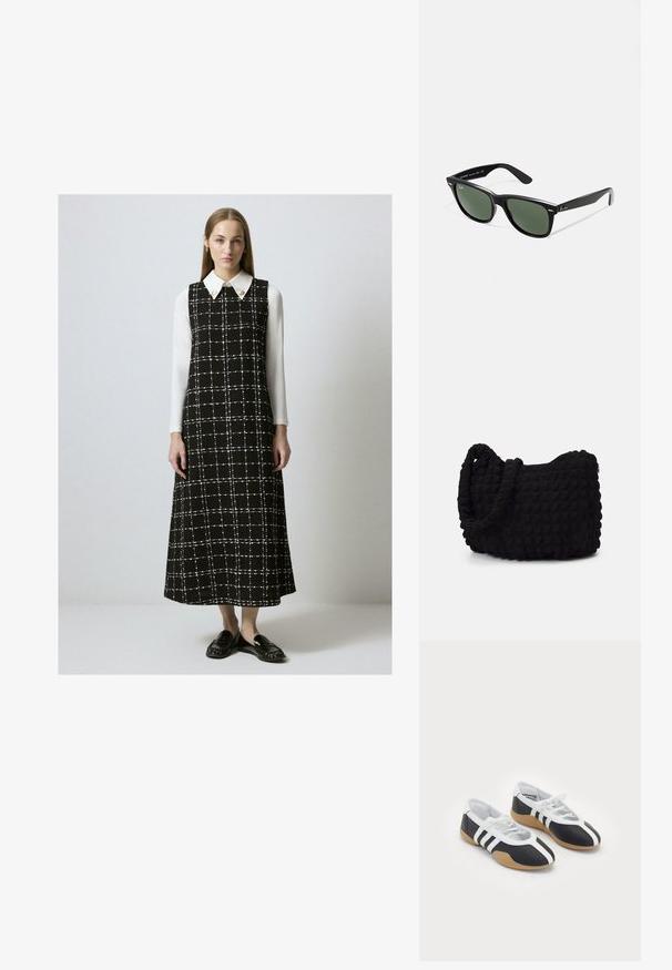Egy nő fekete-fehér kockás ujjatlan ruhát visel egy fehér hosszú ujjú ing felett, fekete loafer cipővel, egy egyszínű háttér előtt állva.; Fekete-fehér sportcipők, letisztult dizájnnal, gumitalppal, fűzős zárással és három fehér csíkkal az oldalán.; Fekete műanyag napszemüveg zöld lencsékkel, négyzet alakú kerettel, ezüst díszítéssel a keret felső részén, valamint texturált szárakkal. A márka neve a belső száron található.; Fekete szövet táska texturált, steppelt mintával. Kerek formájú, rövid, vastag fogantyúkkal és puha, rugalmas szerkezettel.