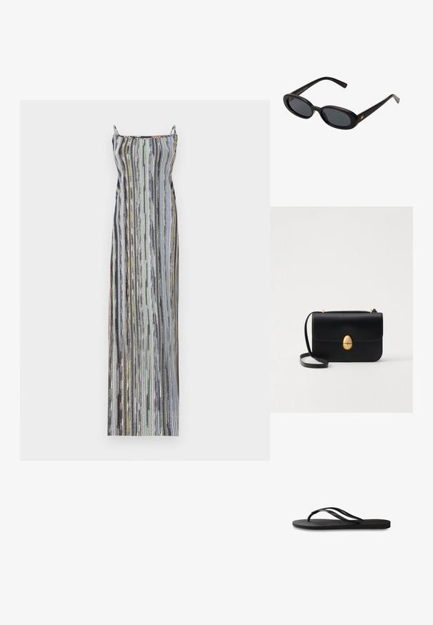 Dlhé priliehavé šaty s jemnými vertikálnymi pruhmi v rôznych farbách. Materiál vyzerá lesklý, s tenkými špagetovými ramienkami a rovný výstrih.; Čierne žabky s textúrovanou gumovou podrážkou, dvoma štíhlymi popruhmi a diskrétnym embosovaným logom na popruhu.; Čierne oversized slnečné okuliare s oválnymi šošovkami, hladkým plastovým rámom a zlatými akcentmi na straniciach. Tmavé šošovky poskytujú ochranu pred slnkom.; Čierna kožená kabelka so štruktúrovaným obdĺžnikovým tvarom. Obsahuje zlaté oválne zapínanie a tenký ramenný popruh. Hladká textura.