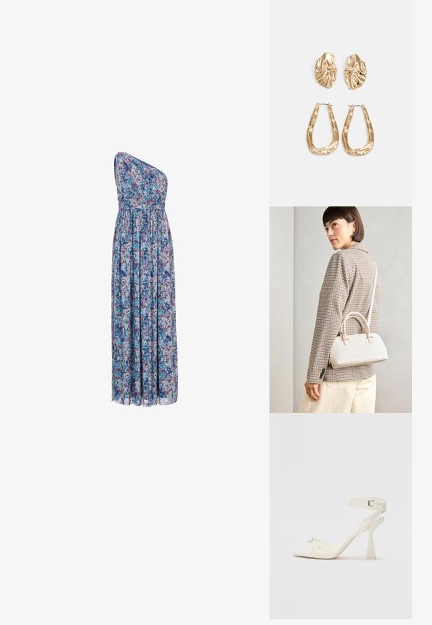 Floral long dress featuring an asymmetrical one-shoulder design, elastic waist, flowing fabric with blue, purple, and pink patterns.; Strappy high-heeled sandal in white leather with a sleek design, a transparent block heel, and a decorative element at the toe.; White structured handbag with short handles and a shoulder strap, featuring gold hardware accents and textured material, displayed against a grey background.; Gold-tone earrings featuring textured, wavy shapes. Includes sculptural clip-on studs and open hoop design with a hammered finish.