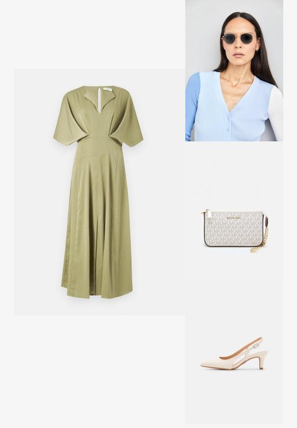 Oliivroheline kleit volditud seeliku, lühikeste tiivalike varrukatega ja avatud kaelusega. Valmistatud tekstuursetest kangastest, maani ulatuv disain.; Valge slingback konts, terava ninaga, siledast ülemisest materjalist, madala ploki kontsaga ja külgse nähtavusega ning reguleeritava pandla rihmaga.; Ringikujulised prillid tumedate läätsede ja kullast raamiga. Mudel on selga pannud helesinise soonikuga kardigani, millel on nupud ja kontrastsed valged varrukad.; Michael Korsi randmevõru beige kaetud kangast, millel on korduv MK logo muster, kuldne riistvara ja eemaldatav ahelistrap.