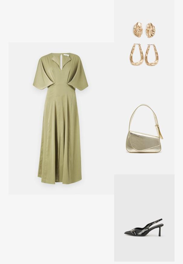 Olivenfarget kjole med plisserte skjørt, korte batwing-ermer og nøkkelhull-nakke. Laget av teksturert stoff, gulvlengde design.; Sorte patentlær slingback-sko med spiss tå, ankelremmer med sølvspenner og detaljer, og en slank hæl.; Gullfarget metallisk håndveske med en strukturert design, glatt tekstur og justerbar stropp. Har en unik trekantet form og minimalistisk søm.; Gullfargede øredobber med teksturerte, bølgete former. Inkluderer skulpturelle klipsstuds og åpen hoop-design med en hamret finish.