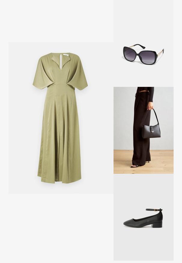 Ελιά πράσινο φόρεμα με πλισέ φούστα, κοντά μανίκια batwing και neckline με οπή κλειδιού. Κατασκευασμένο από υφασμένο ύφασμα, σχέδιο που φτάνει μέχρι το πάτωμα.; Μαύρο δερμάτινο τακούνι με μυτερή μύτη και χαμηλό τετράγωνο τακούνι. Διαθέτει λουράκι στον αστράγαλο με χρυσό τόνο πόρπη. Λείο υφή.; Μαύρα υπερμεγέθη γυαλιά ηλίου με κλειστή βαθμίδα φακού, παχιά σκελέτη και λεπτομέρειες από χρυσή αλυσίδα στις βραχίονες του σκελετού.; Μαύρη τσάντα χειρός με δομημένο σχήμα, λεία υφή και μεταλλικό κούμπωμα. Συνδυασμένη με φαρδιά μαύρα παντελόνια και σανδάλια ανοιχτής μύτης πάνω σε ξύλινο πάτωμα.