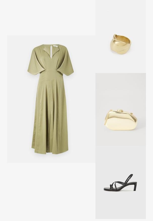 Maslinasto zeleni haljinu s plisiranom suknjom, kratkim krilatim rukavima i dekolteom u obliku ključanice. Napravljena od teksturiranog materijala, dugog kroja do poda.; Crne sandale s trakama, kvadratnim prstom i niskom blok petom. Ima više tankih trakica i podesivu trakicu oko gležnja. Izrađene su od glatke kože.; Metalni zlatni clutch s glatkim, zaobljenim oblikom, s gornjim kopčom na dugme i malim lancem za nošenje.; Zlatni prsten s glatkim, uvrnutim dizajnom. Ima sjajnu površinu i zaobljene ivice, stvarajući besprijekoran, fluidan oblik.
